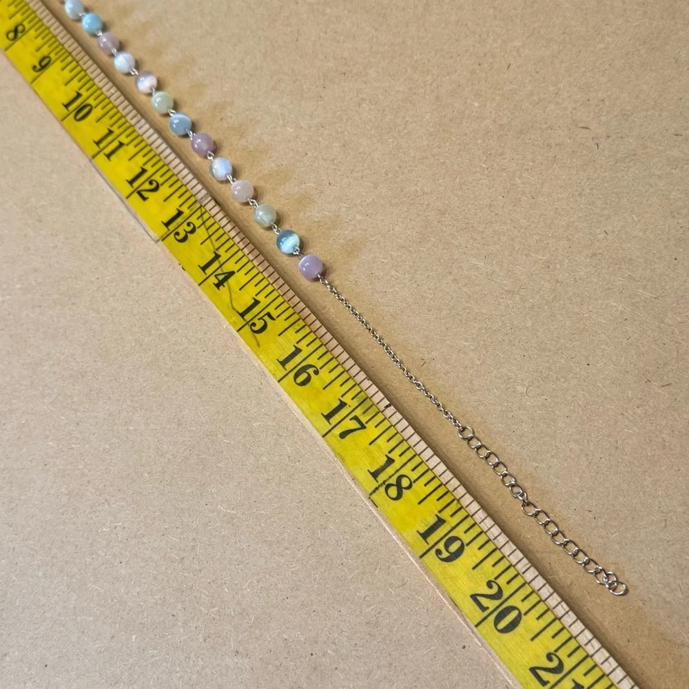New Selenite Bead Necklace Pastel Multicolor Silver Tone Chain